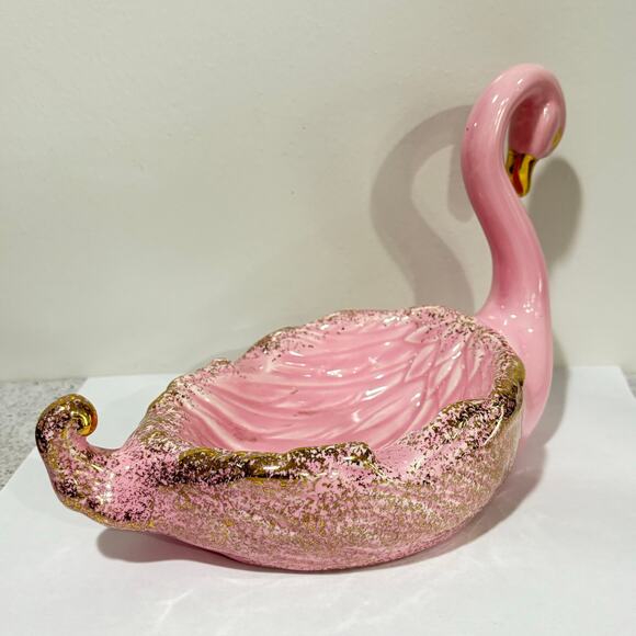 Mid Century Pink ceramic swan figure figurine ashtray soap dish gold highlights - Picture 5 of 7